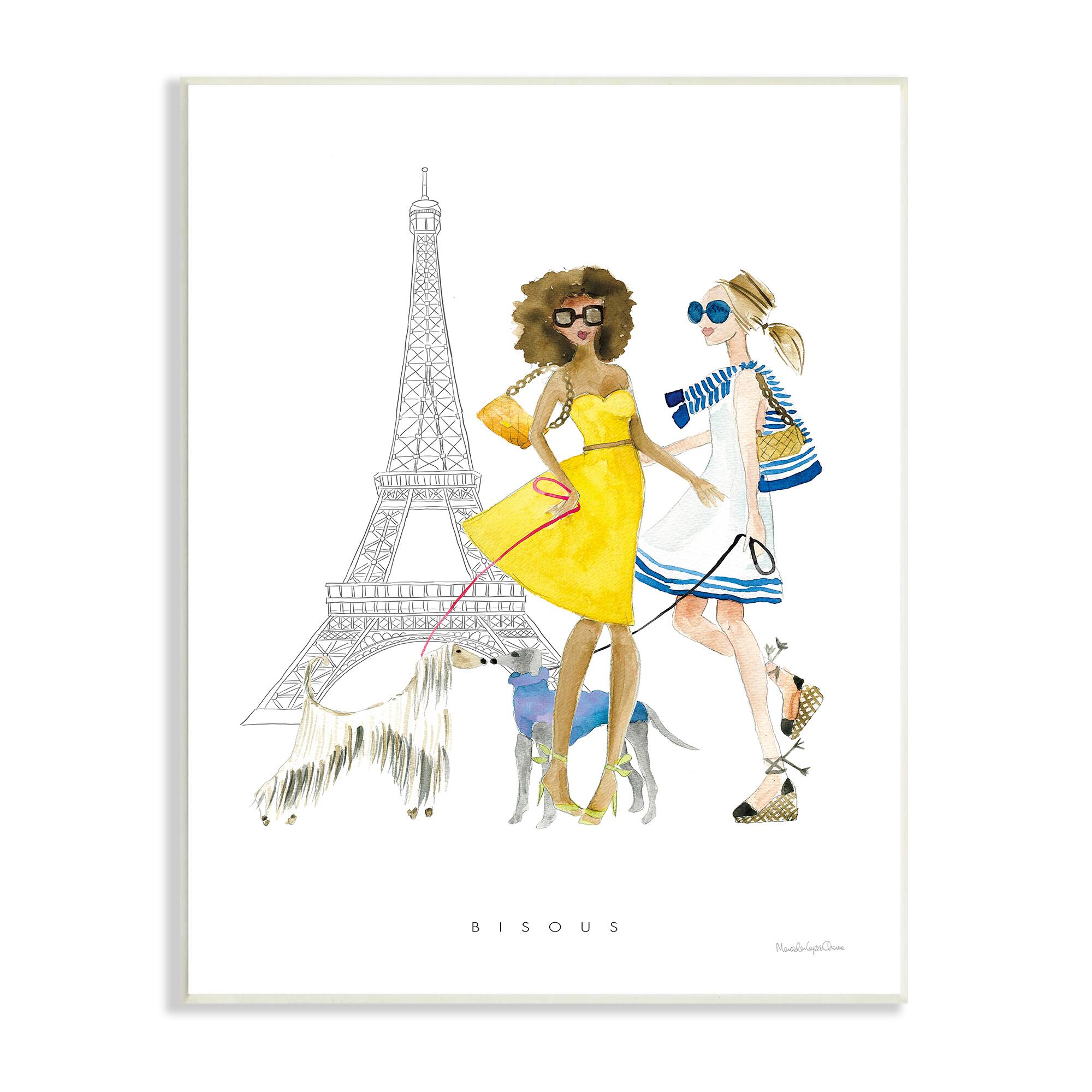 Stupell Industries Bisous Kisses Phrase Parisian Fashion Females and Dogs Wall Plaque